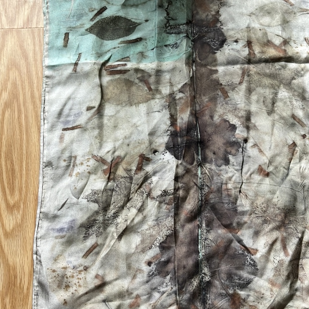 VINTAGE Hand-dyed Silk Scarf With Botanical Leaf Print - Picture 9 of 11
